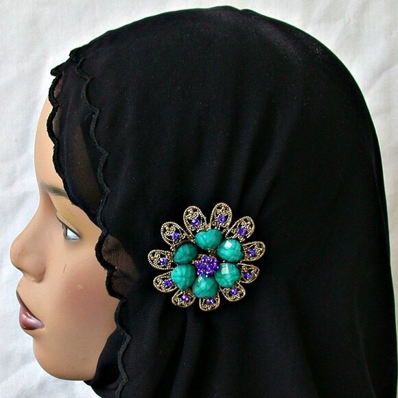 Fashion Brooch Enamel Fashion Hijab Pin Large Blue Flower - Picture 1 of 2